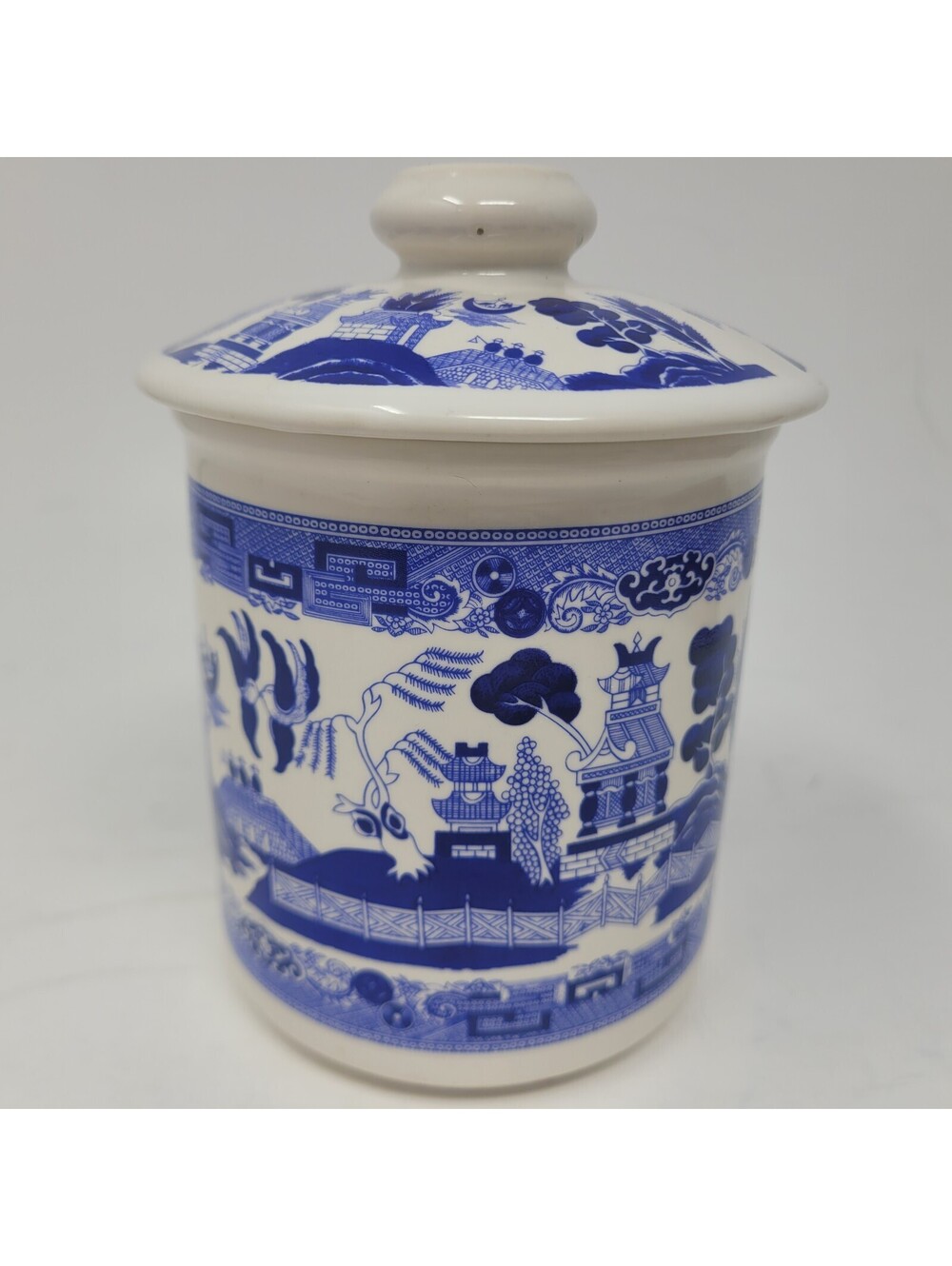Vintage Blue Willow Lidded Canister Ceramic Storage Jar Chinoiserie Blue White
